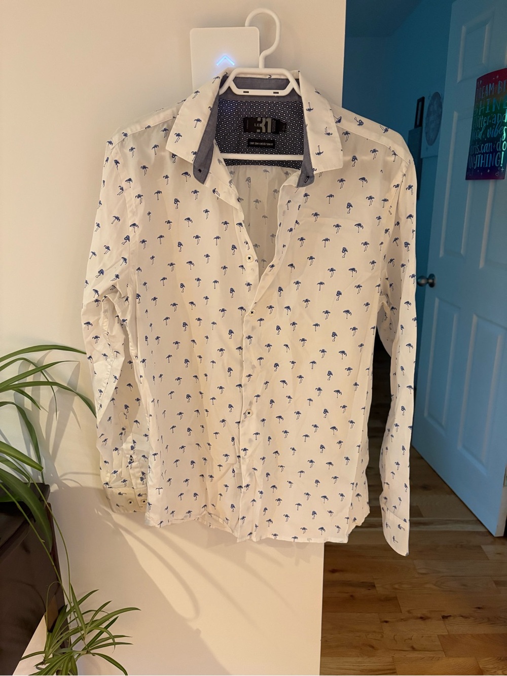 Simons White Button-Down Shirt with Blue Palm Print